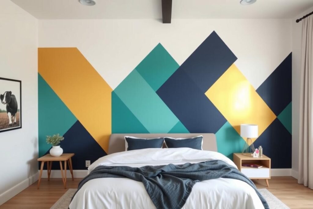 Geometric accent wall with painted triangles in complementary colors Geometric accent wall with painted triangles in complementary colors