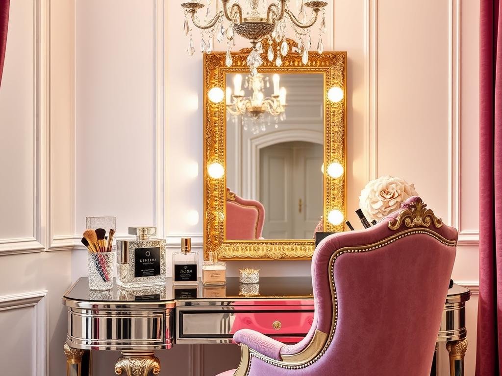 Glamorous beauty room with gold accents and crystal details