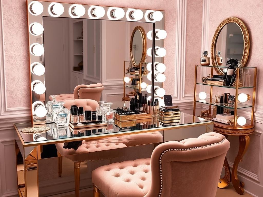 Glamorous vanity setup with Hollywood mirror and luxurious accessories Glamorous vanity setup with Hollywood mirror and luxurious accessories