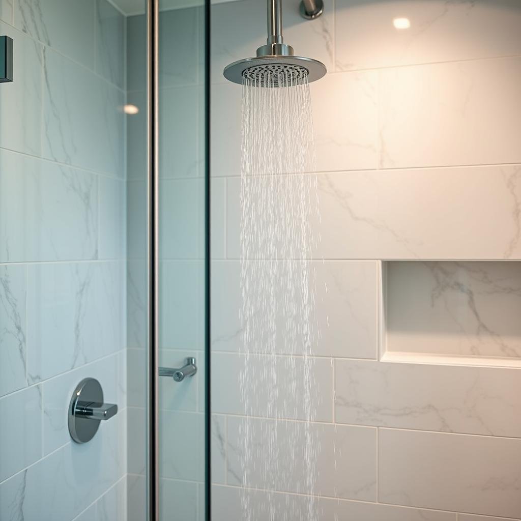 Glass enclosed shower with marble tile in master bathroom Glass enclosed shower with marble tile in master bathroom
