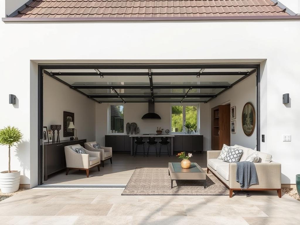 Glass garage door maintained as a feature in modern garage conversion Glass garage door maintained as a feature in modern garage conversion