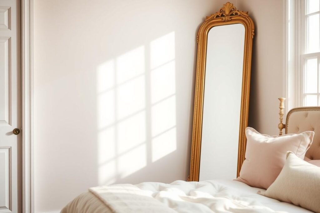 Gold floor mirror in a stylish bedroom corner with soft textiles and plants Gold floor mirror in a stylish bedroom corner with soft textiles and plants