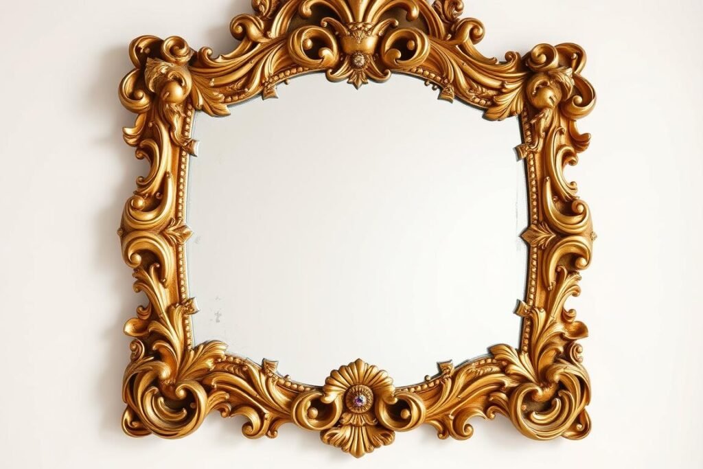 Gold gilt Baroque-style mirror with ornate scrollwork frame and antiqued glass finish Gold gilt Baroque-style mirror with ornate scrollwork frame and antiqued glass finish