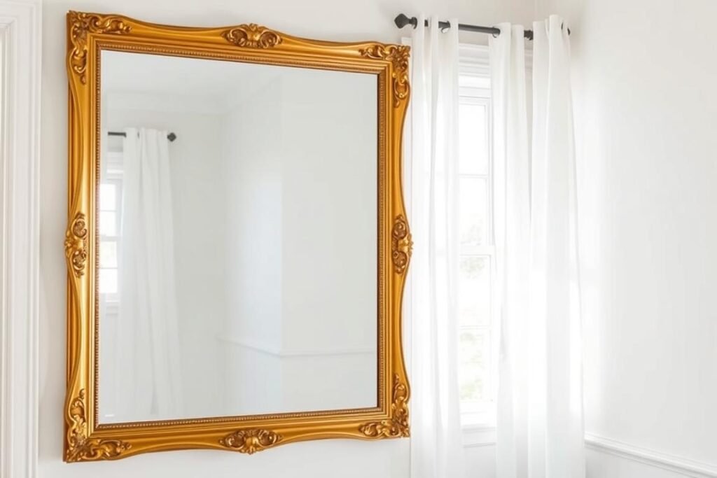 Gold mirror strategically placed to reflect window light in a small room Gold mirror strategically placed to reflect window light in a small room