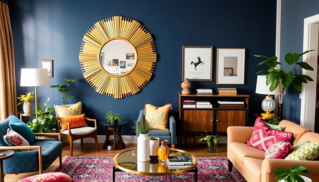 Gold sunburst mirror in a modern eclectic living room with colorful accents Gold sunburst mirror in a modern eclectic living room with colorful accents