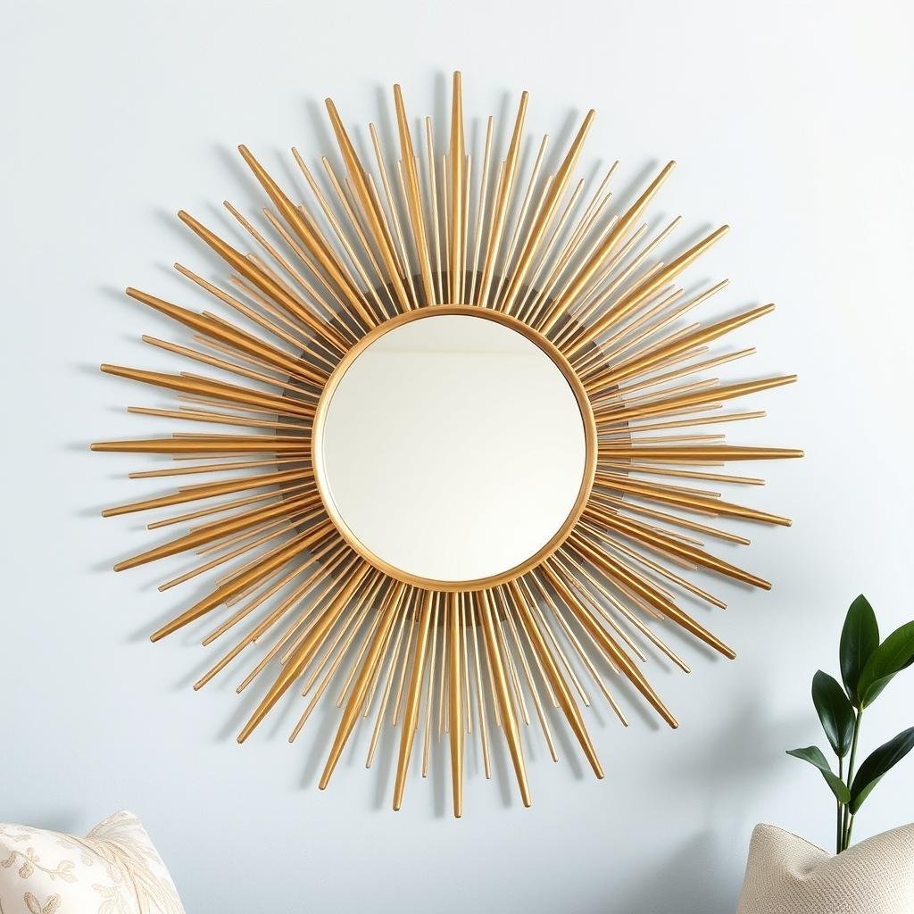 Gold sunburst mirror on light blue wall Gold sunburst mirror on light blue wall