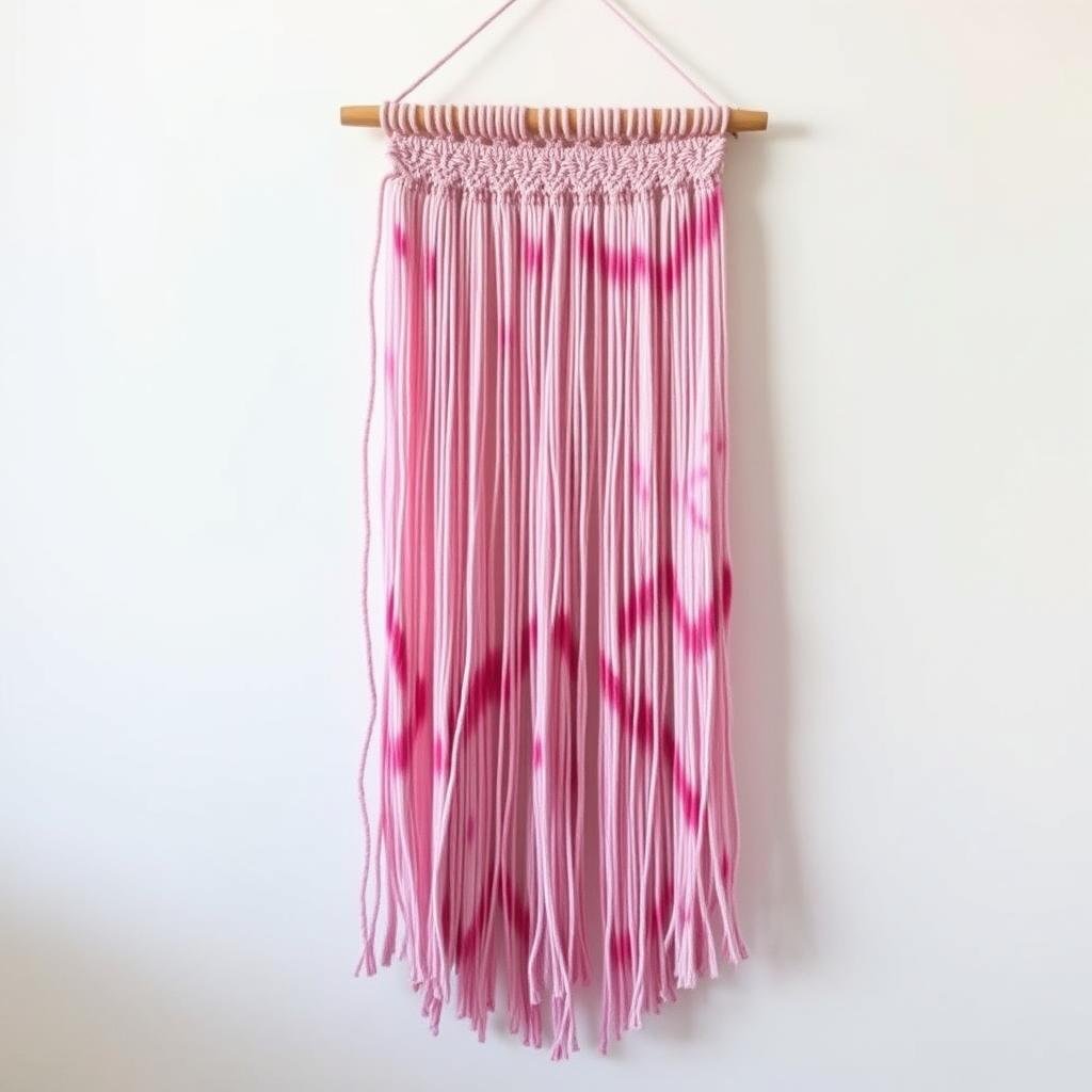 Hand-dyed pink fabric wall hanging with macrame details