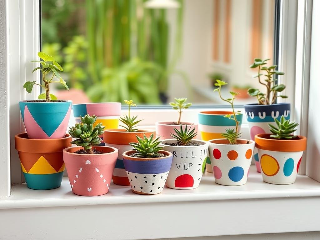 Hand-painted terracotta pots with plants Hand-painted terracotta pots with plants