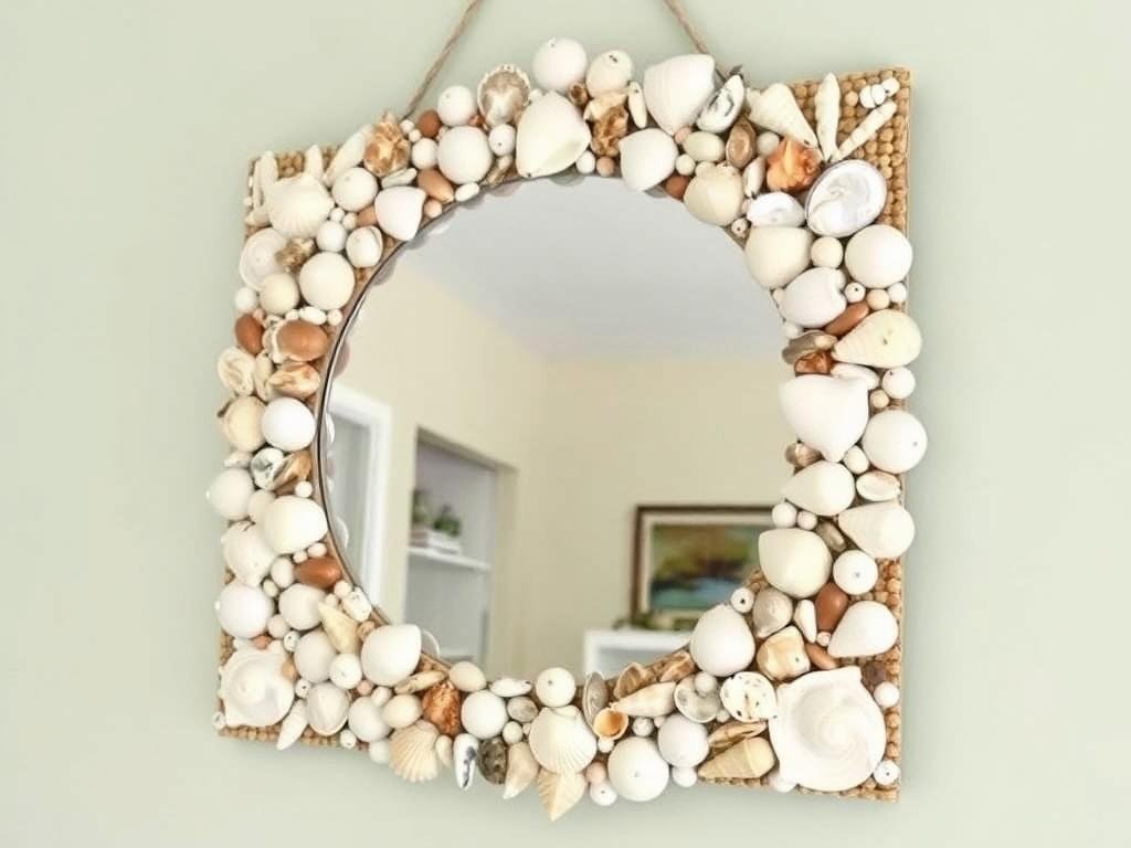 Handmade mirror with shell frame in coastal-themed room Handmade mirror with shell frame in coastal-themed room