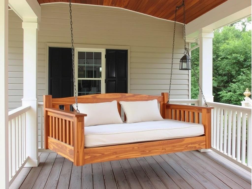 Hanging daybed swing on a covered porch