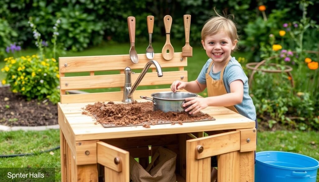 Happy child playing at a completed DIY mud kitchen in garden setting Happy child playing at a completed DIY mud kitchen in garden setting