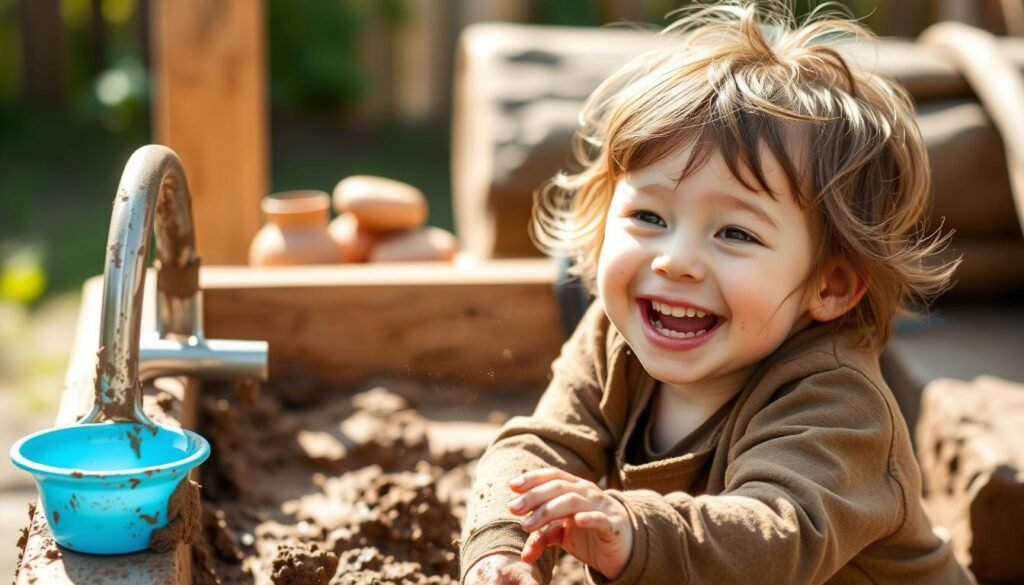 Happy child playing in a mud kitchen with a joyful, messy expression showing the benefits of outdoor play Happy child playing in a mud kitchen with a joyful, messy expression showing the benefits of outdoor play