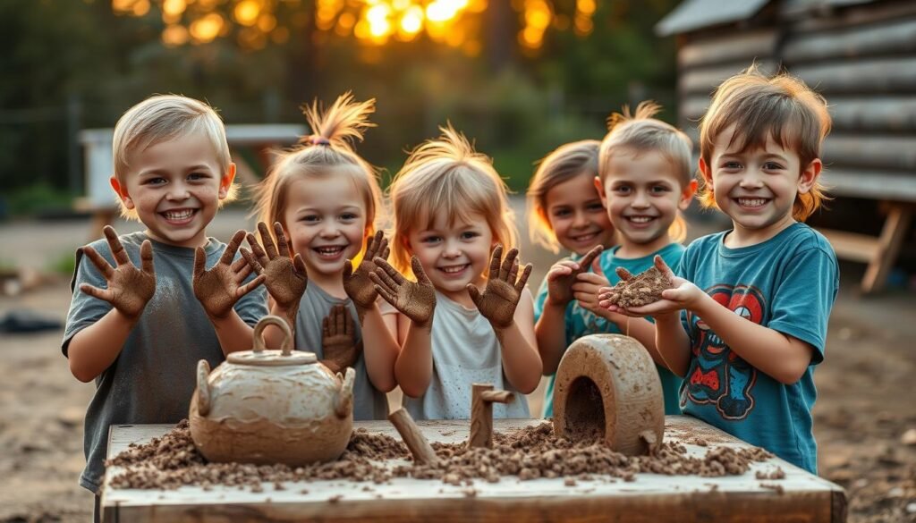 Happy children proudly displaying their mud kitchen creations at sunset, showing joy and accomplishment Happy children proudly displaying their mud kitchen creations at sunset, showing joy and accomplishment