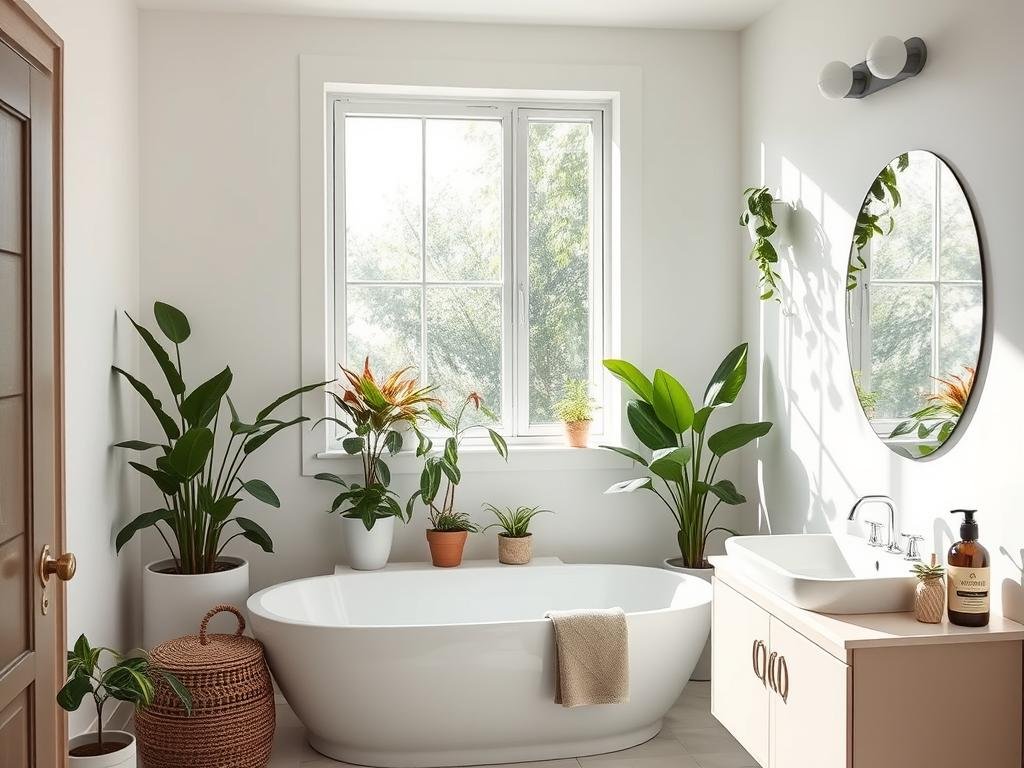 Healthy bathroom features including plants and natural ventilation Healthy bathroom features including plants and natural ventilation