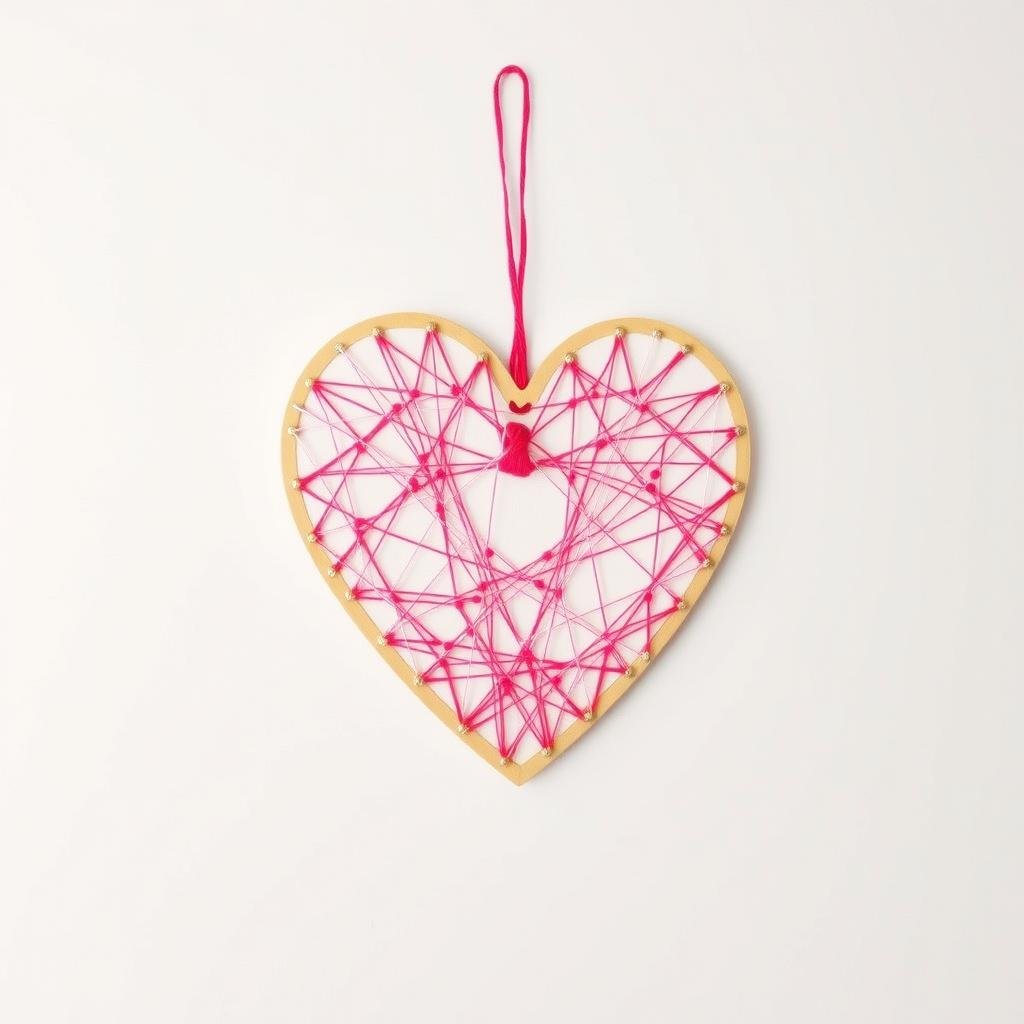 Heart-shaped string art with colorful threads on wooden base Heart-shaped string art with colorful threads on wooden base