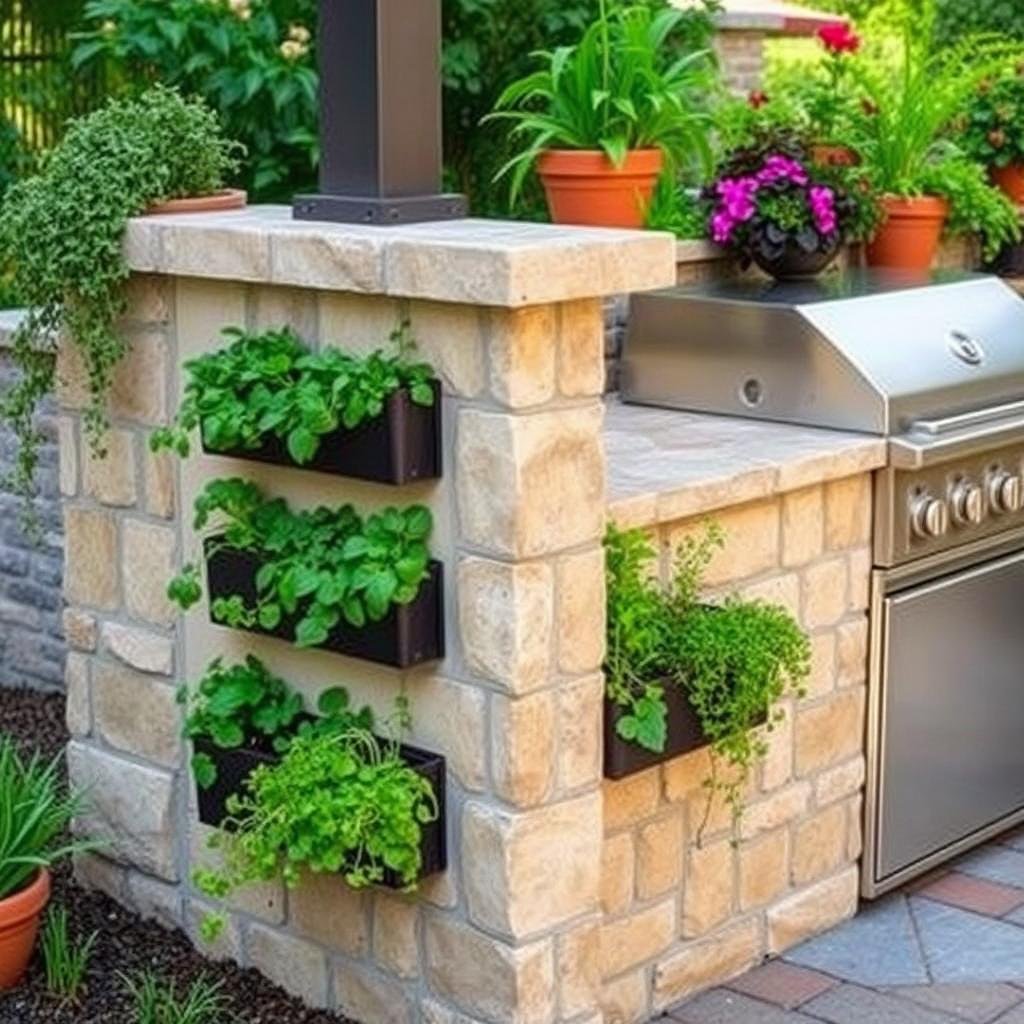 Herb garden integrated into outdoor kitchen design
