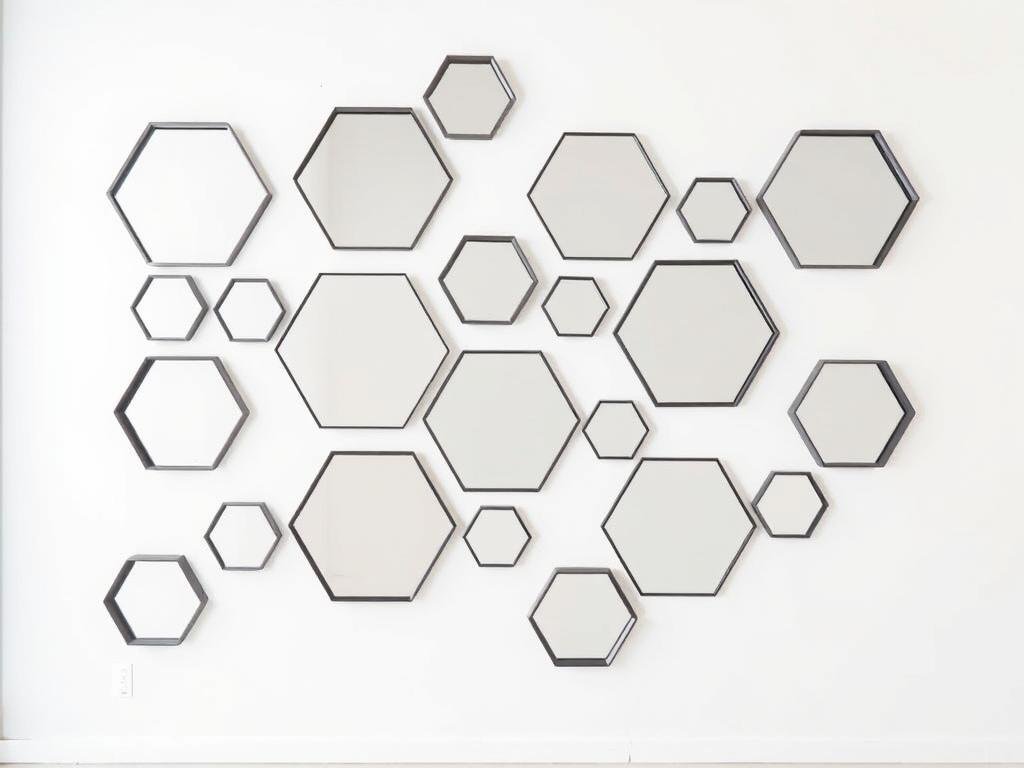 Hexagonal mirrors arranged in pattern on wall Hexagonal mirrors arranged in pattern on wall