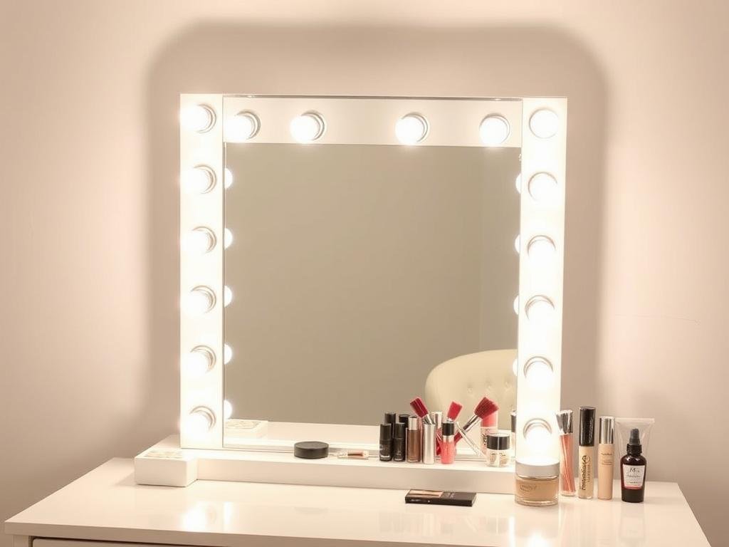 Hollywood-style vanity mirror with light bulbs surrounding the frame Hollywood-style vanity mirror with light bulbs surrounding the frame