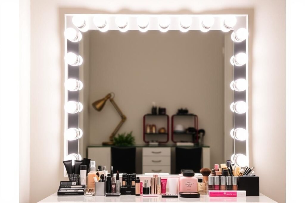 Hollywood-style vanity mirror with lights surrounding it in a beauty room