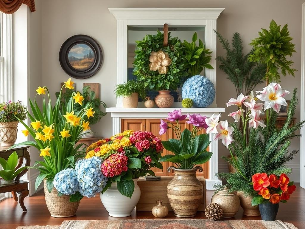 Home interior with seasonal plants and flowers as decoration