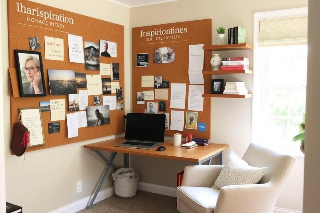 Home office with a dedicated area for inspiration featuring pinboard, artwork, or vision board Home office with a dedicated area for inspiration featuring pinboard, artwork, or vision board