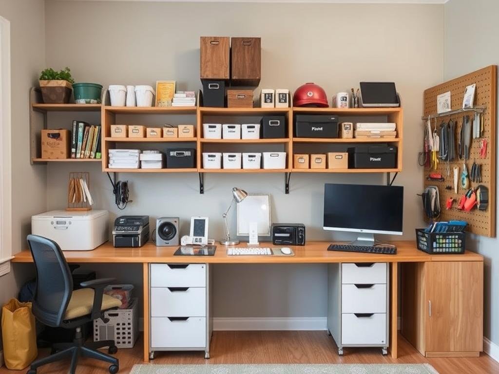 Home office with integrated storage including shelving, cabinets, and organizational systems Home office with integrated storage including shelving, cabinets, and organizational systems
