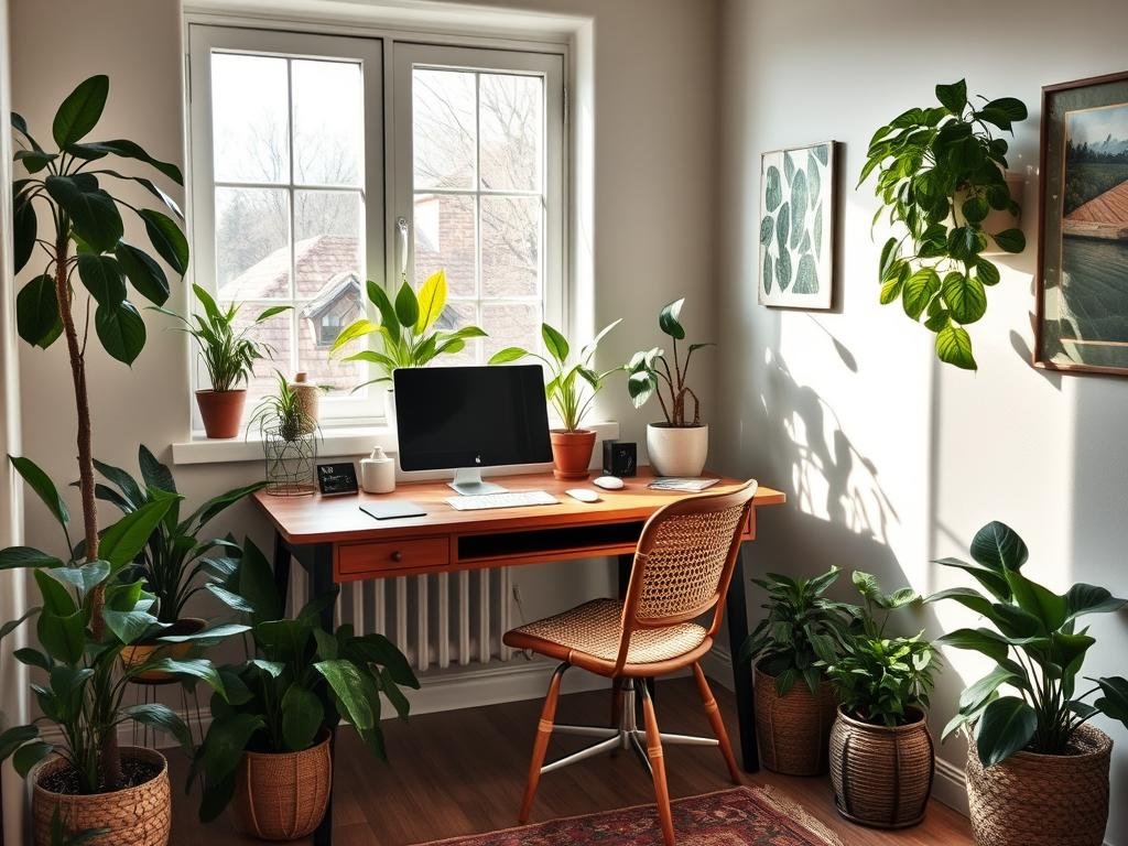 Home office with plants, natural materials, and connection to outdoor views Home office with plants, natural materials, and connection to outdoor views