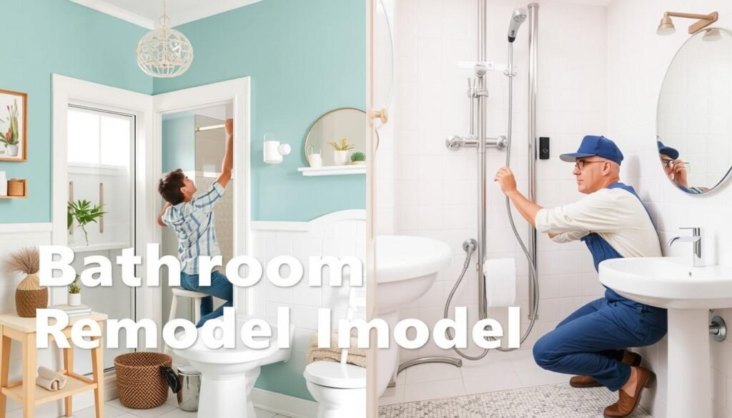 Homeowner doing DIY bathroom remodel tasks like painting while professional handles plumbing Homeowner doing DIY bathroom remodel tasks like painting while professional handles plumbing
