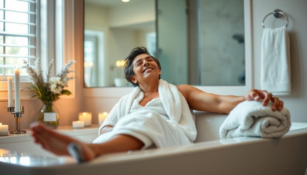 Homeowner enjoying their newly remodeled master bathroom retreat Homeowner enjoying their newly remodeled master bathroom retreat