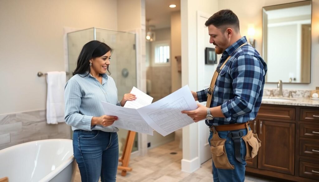 Homeowner working with professional contractor on master bath remodel plans Homeowner working with professional contractor on master bath remodel plans