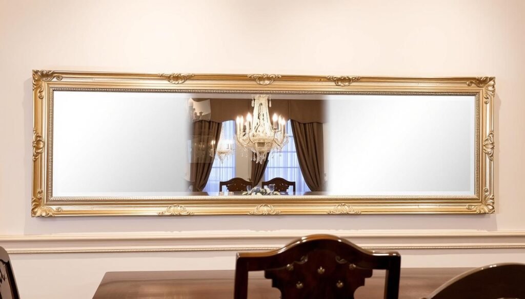 Horizontal mirror reflecting dining table with chandelier Horizontal mirror reflecting dining table with chandelier