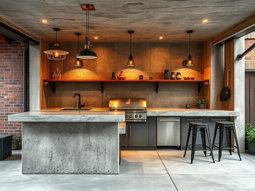 Industrial chic concrete outdoor kitchen with exposed aggregate and metal accents