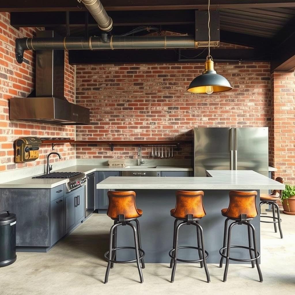 Industrial chic outdoor kitchen with metal elements and exposed materials
