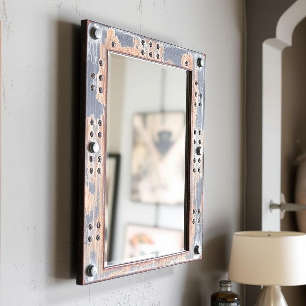 Industrial style space with metal framed mirror and raw elements Industrial style space with metal framed mirror and raw elements