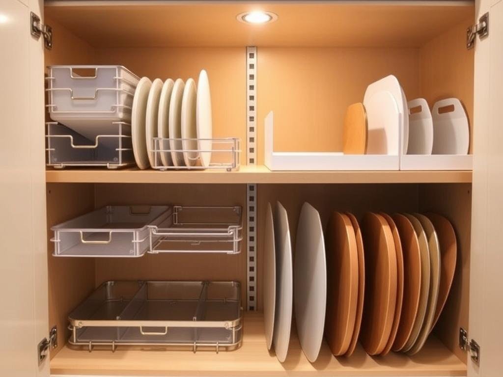 Inside of a small kitchen cabinet with drawer organizers and pull-out systems Inside of a small kitchen cabinet with drawer organizers and pull-out systems