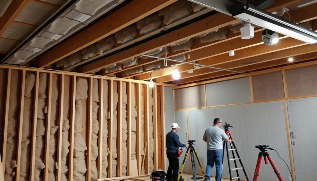 Installation of insulation and drywall in garage conversion process Installation of insulation and drywall in garage conversion process