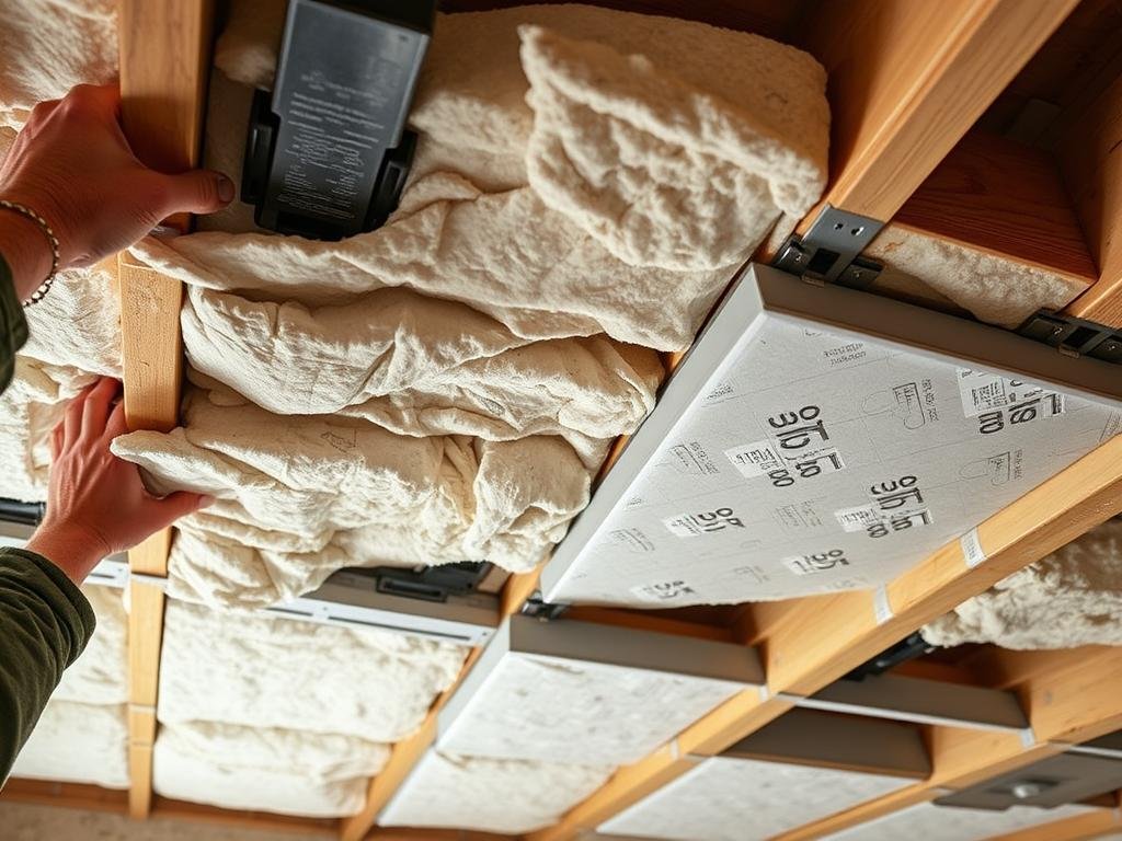 Installation of soundproofing materials in basement ceiling Installation of soundproofing materials in basement ceiling