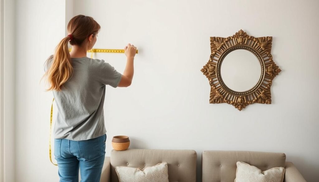 Interior designer measuring wall space for mirror placement Interior designer measuring wall space for mirror placement