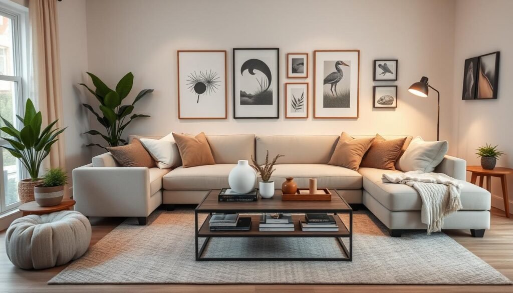 Inviting living room with comfortable seating, layered textures, and personal touches Inviting living room with comfortable seating, layered textures, and personal touches