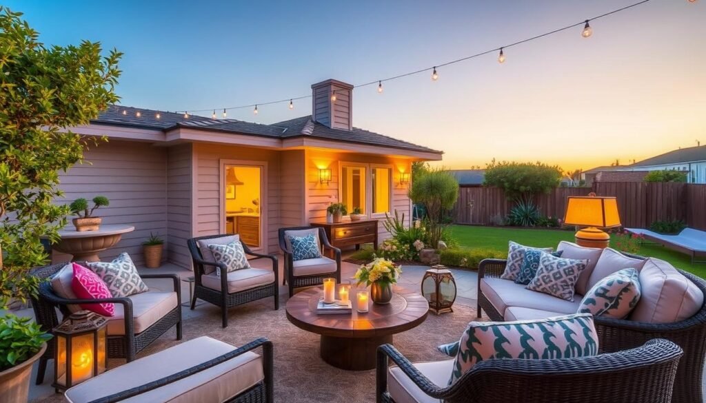 Inviting outdoor living space with comfortable furniture set and decorative elements