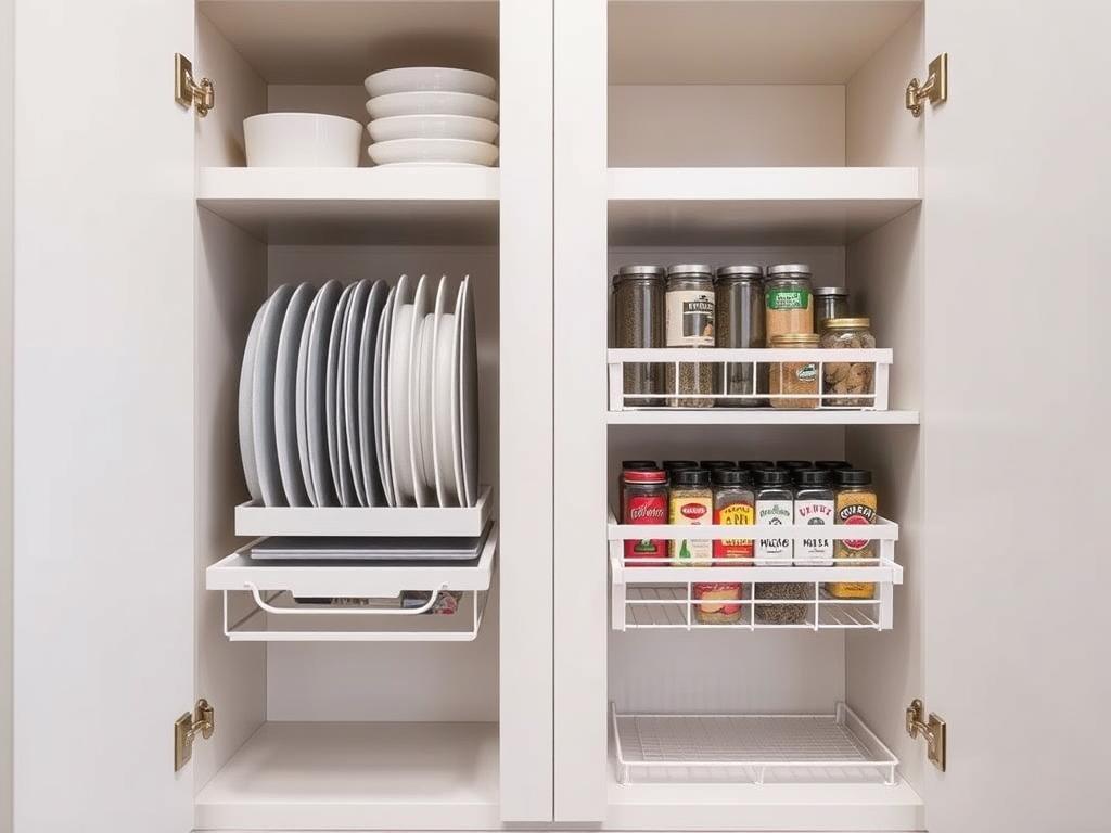 Kitchen cabinet with pull-out organizers and storage solutions Kitchen cabinet with pull-out organizers and storage solutions