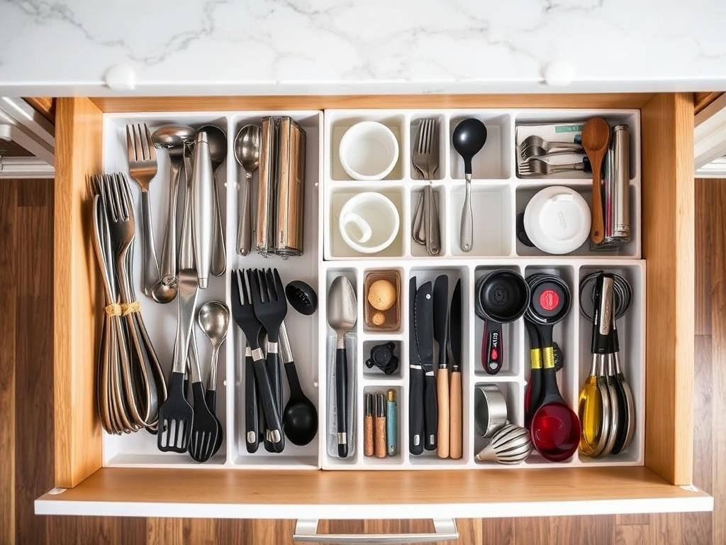 Kitchen drawer with custom organizers for utensils and cooking tools Kitchen drawer with custom organizers for utensils and cooking tools