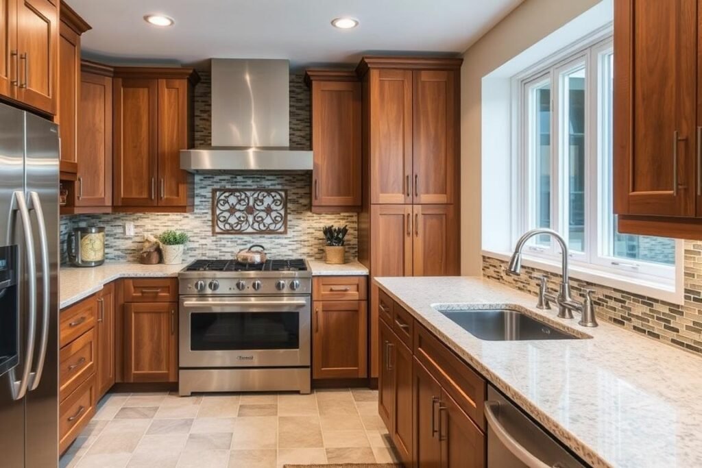 Kitchen featuring a mix of materials like wood, stone, metal, and tile Kitchen featuring a mix of materials like wood, stone, metal, and tile