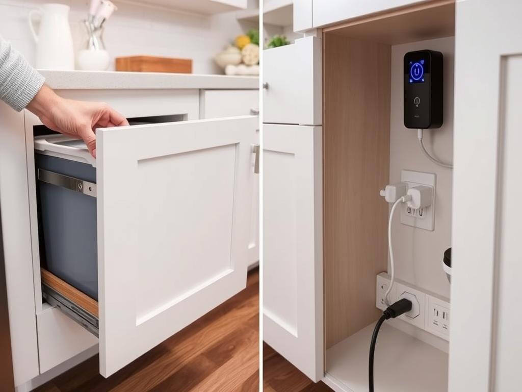 Kitchen featuring soft-close drawers, pull-out trash system, and charging station Kitchen featuring soft-close drawers, pull-out trash system, and charging station
