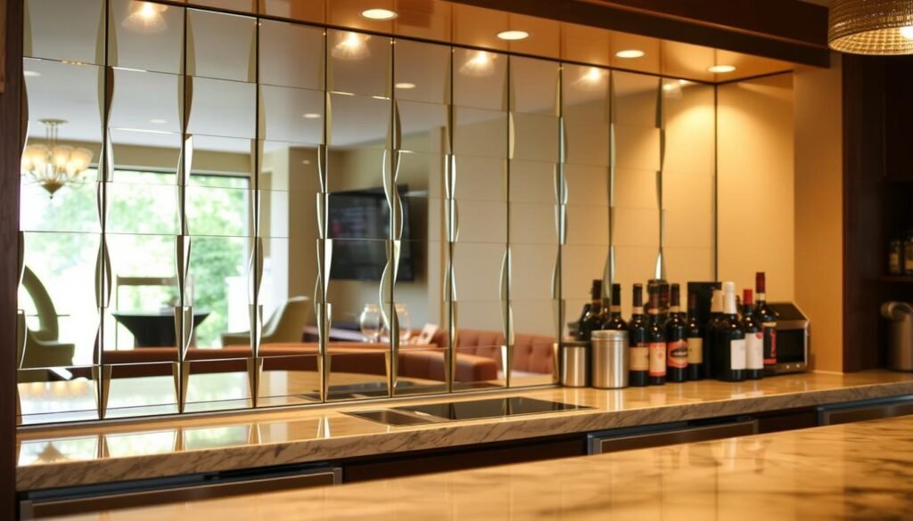 Kitchen or bar area with mirrored backsplash reflecting light and color Kitchen or bar area with mirrored backsplash reflecting light and color