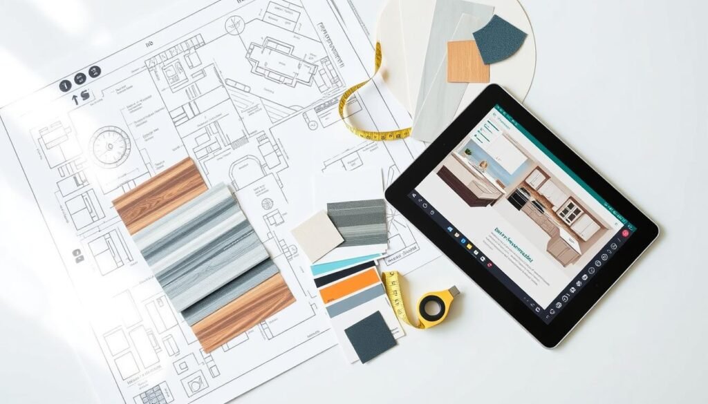Kitchen remodel planning process with blueprints, material samples, and design tools Kitchen remodel planning process with blueprints, material samples, and design tools