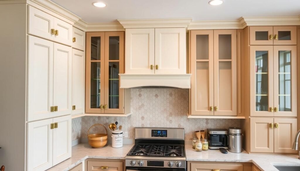 Kitchen showcasing different warm neutral cabinet styles from shaker to flat panel Kitchen showcasing different warm neutral cabinet styles from shaker to flat panel