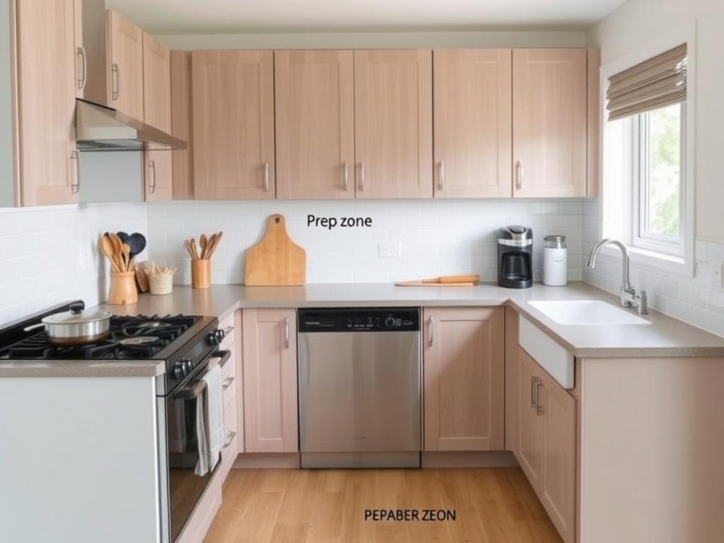 Kitchen with clearly defined work zones for cooking, prep, cleaning, and storage Kitchen with clearly defined work zones for cooking, prep, cleaning, and storage