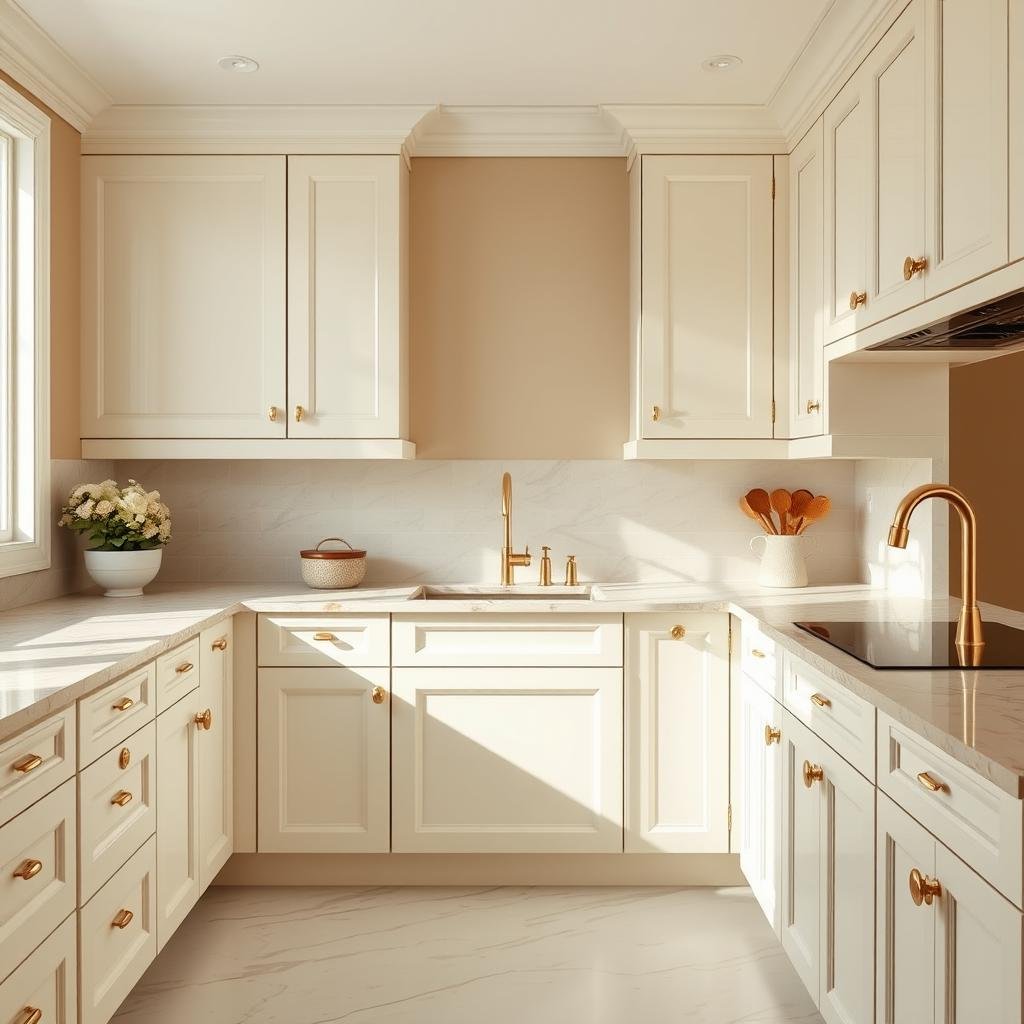 Kitchen with creamy white cabinets and beige accents creating a soft, bright space Kitchen with creamy white cabinets and beige accents creating a soft, bright space