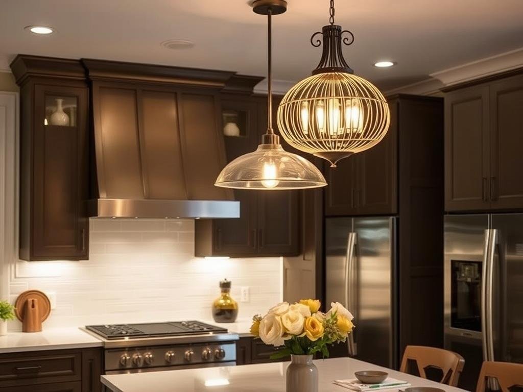 Kitchen with eye-catching pendant lights or chandelier over island or dining area Kitchen with eye-catching pendant lights or chandelier over island or dining area